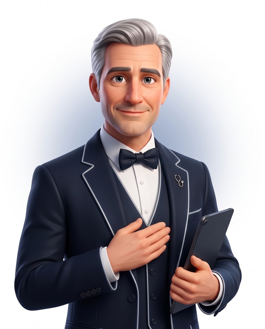 MajorDoc, en illustration 3D, la main sur le cœur.